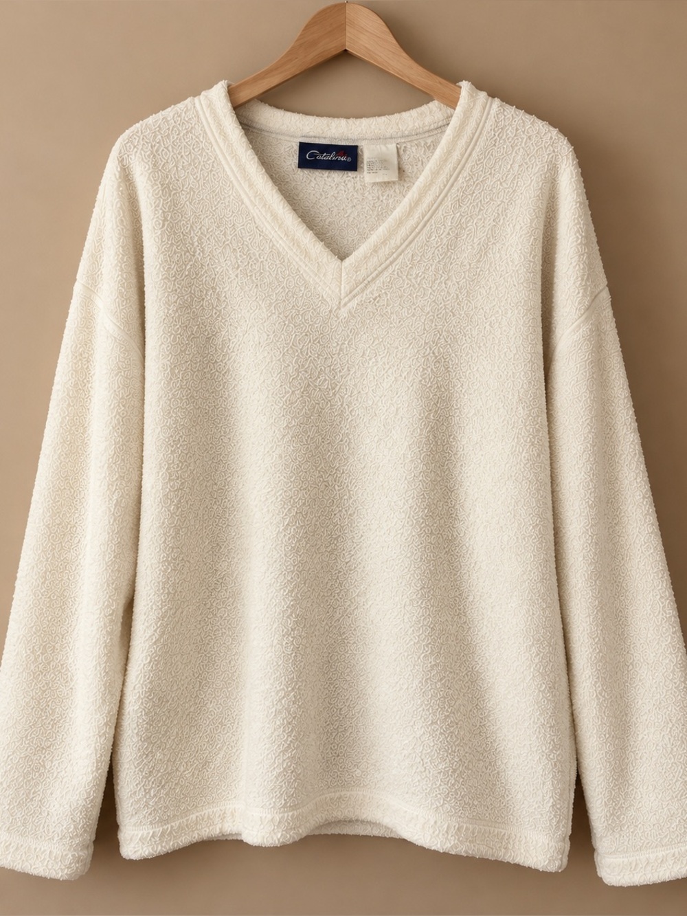 Vintage Catalina Ivory Plush V Neck Sweater Large 14/16
